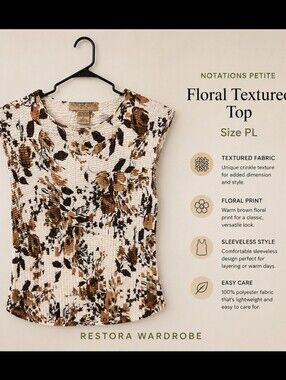 Notations Petite Floral Pleated Crinkle Cap Sleeve Blouse Cream Brown PL
